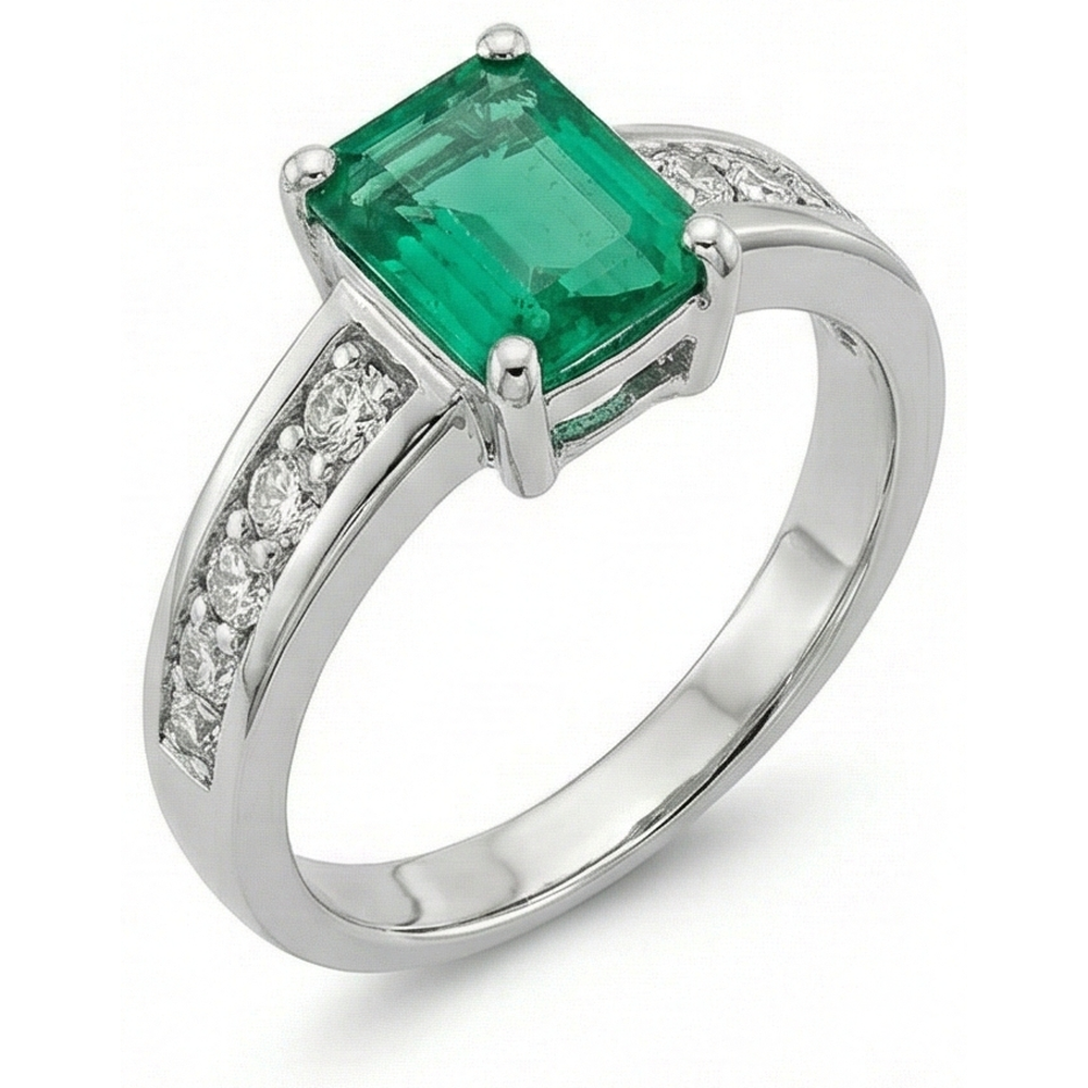 3.75 Ct Green Emerald And Natural Earth Mined Diamond ( Not Lab Grown )  Ring Solitaire With Accents