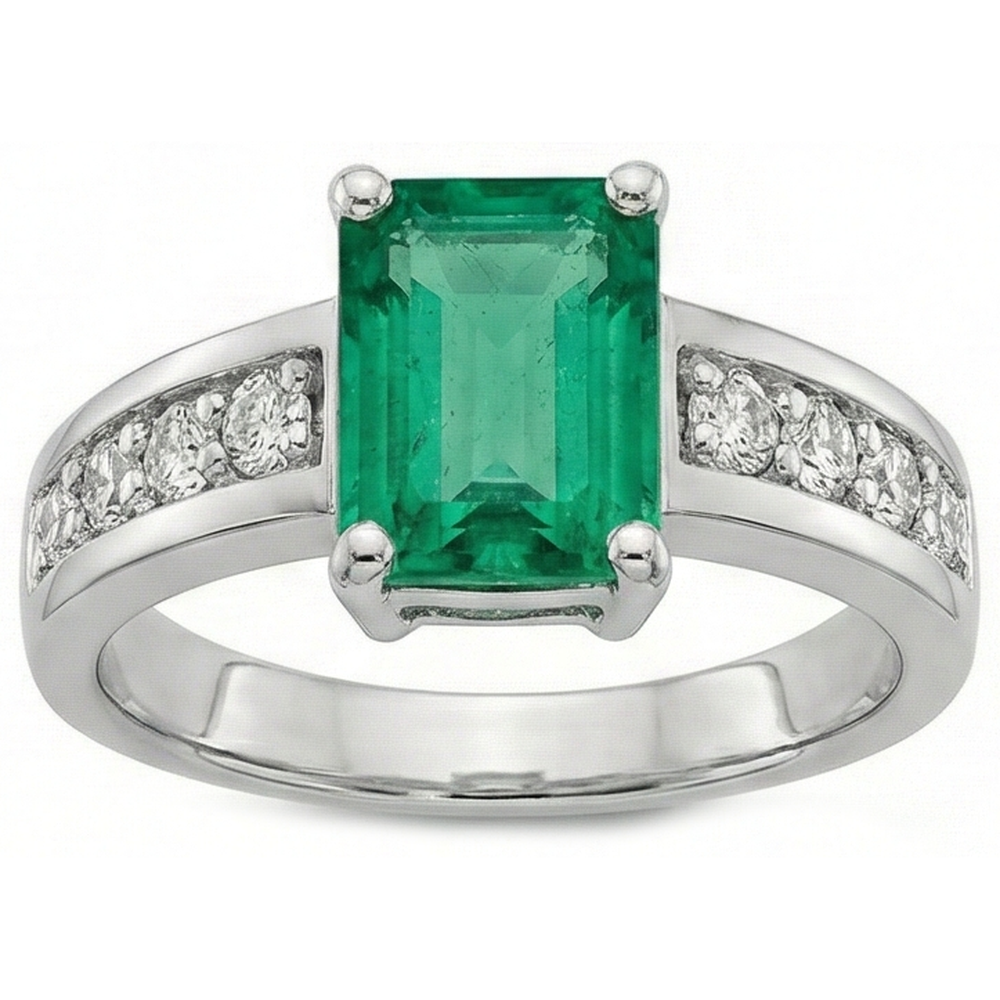 3.75 Ct Green Emerald And Natural Earth Mined Diamond ( Not Lab Grown )  Ring Solitaire With Accents