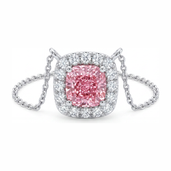 Pink Diamond Necklace 3.75 Carat Lab Grown Cushion Halo Pendant 14K White Gold