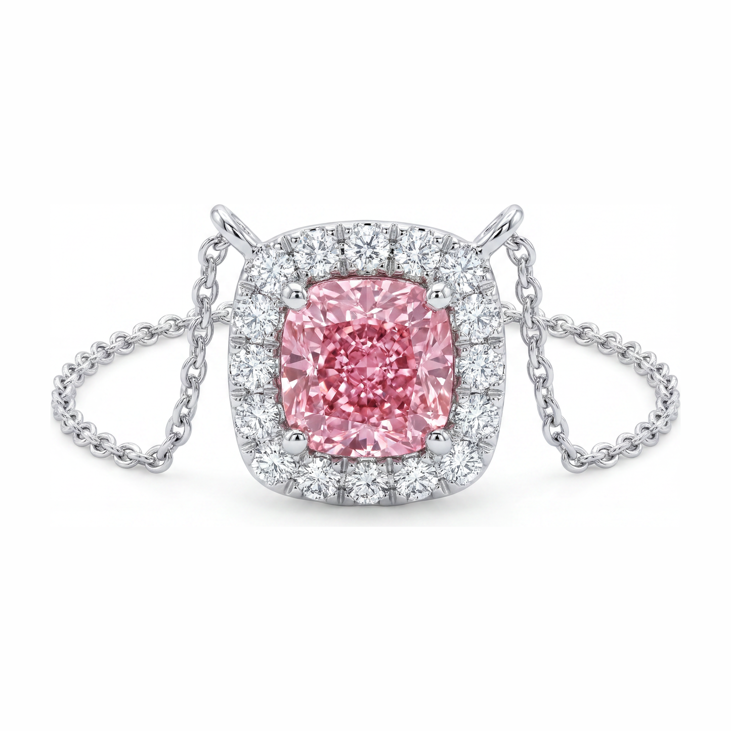 Pink Diamond Necklace 3.75 Carat Lab Grown Cushion Halo Pendant 14K White Gold