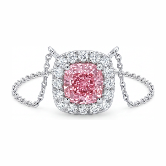 Pink Diamond Necklace 3.75 Carat Lab Grown Cushion Halo Pendant 14K White Gold