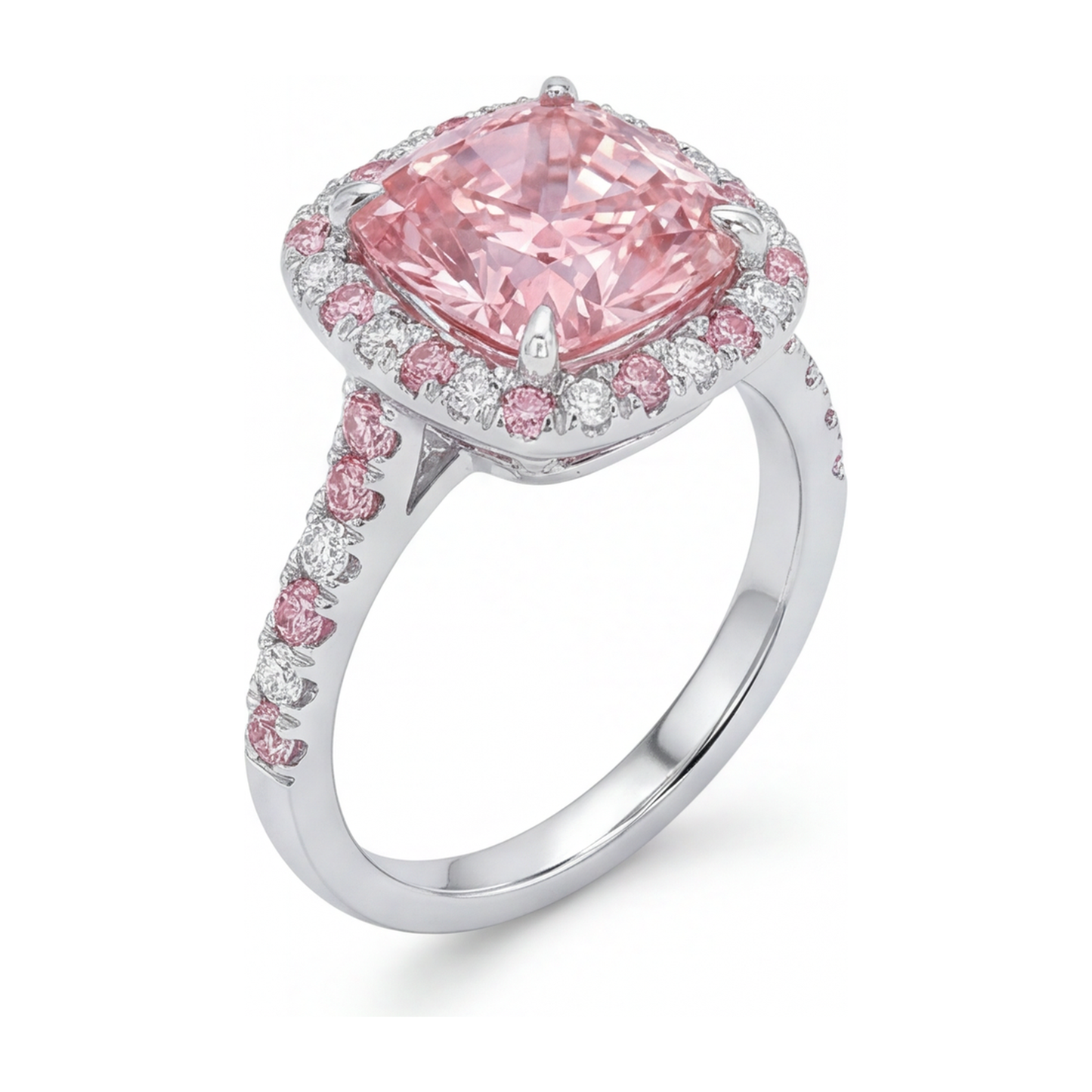 Lab Grown Pink Diamond 3.75 Carat Cushion Halo Ring 14K White Gold
