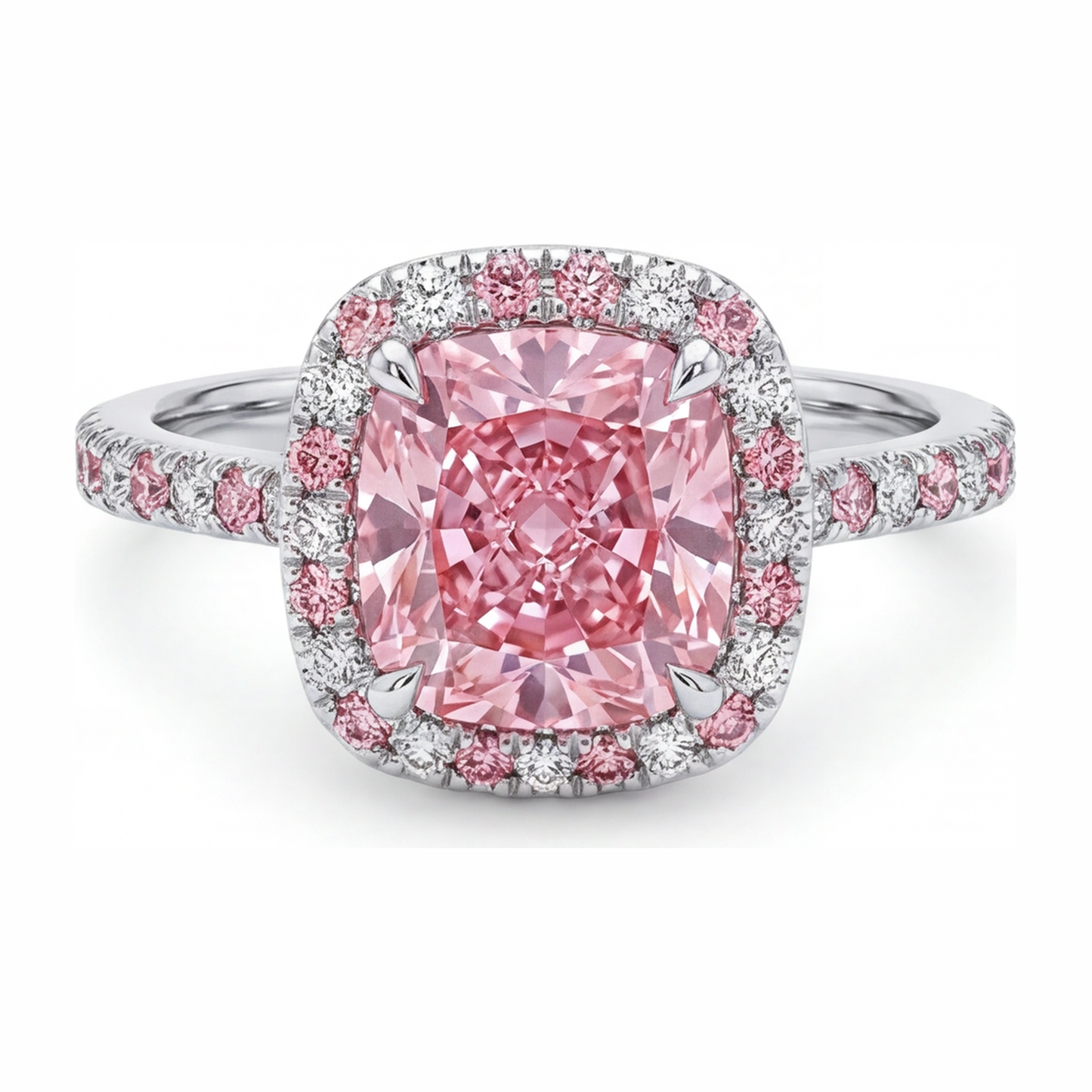 Lab Grown Pink Diamond 3.75 Carat Cushion Halo Ring 14K White Gold