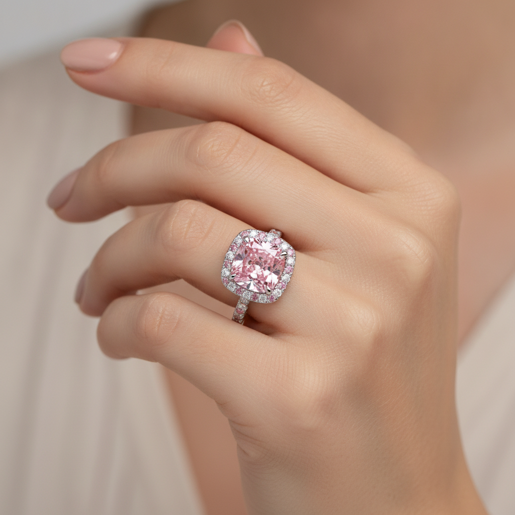 Lab Grown Pink Diamond 3.75 Carat Cushion Halo Ring 14K White Gold