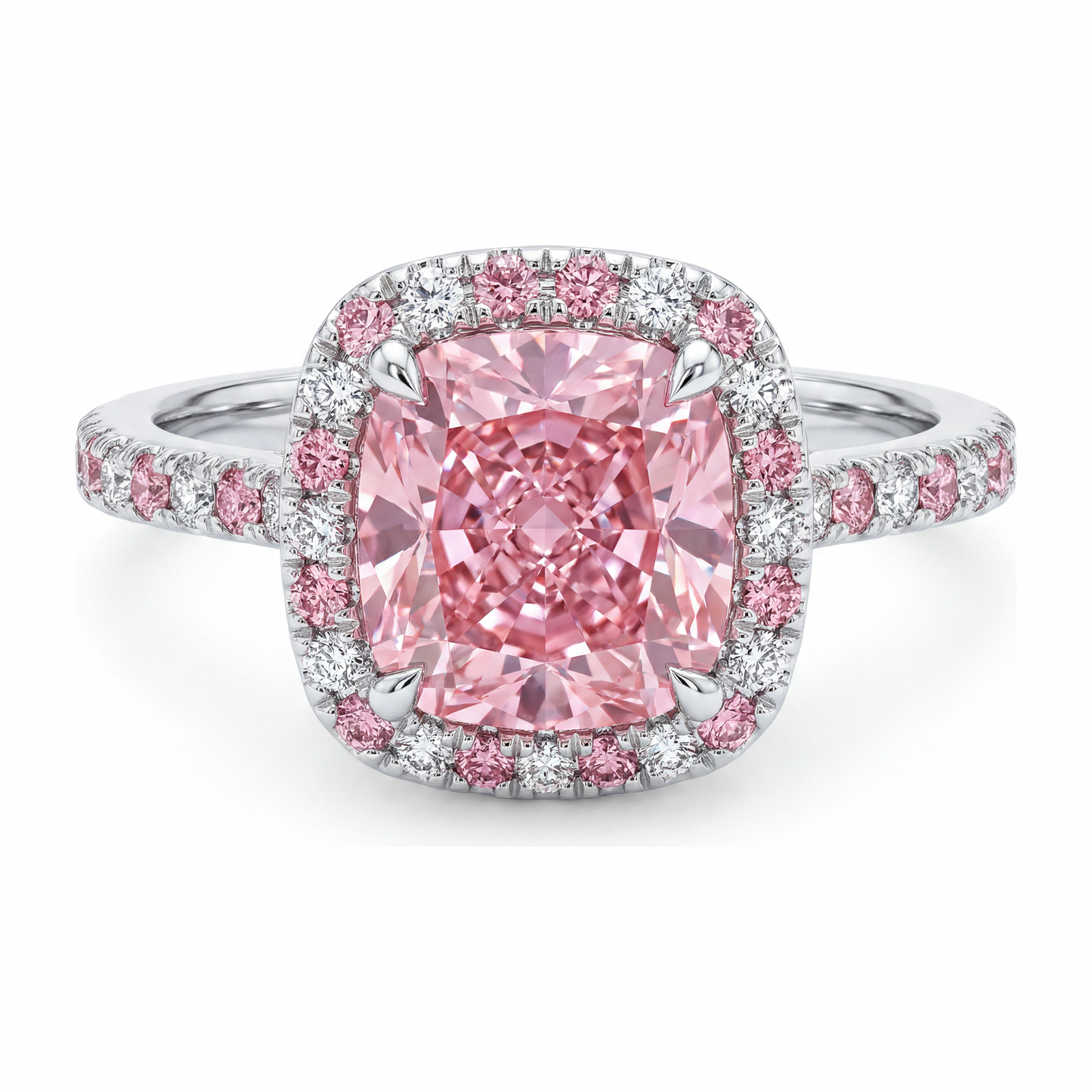 Lab Grown Pink Diamond 3.75 Carat Cushion Halo Ring 14K White Gold