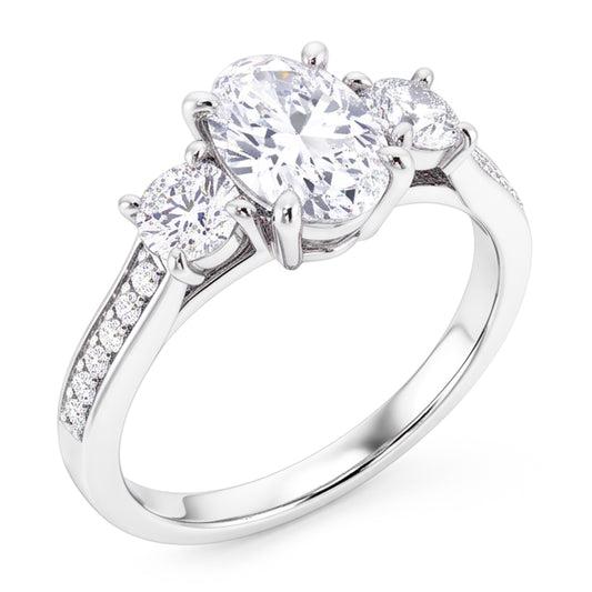 3 Carat Oval & Round Genuine Natural Earth Mined Diamond ( Not Lab Grown )  3 Stone Ring With Accents White Gold 14K