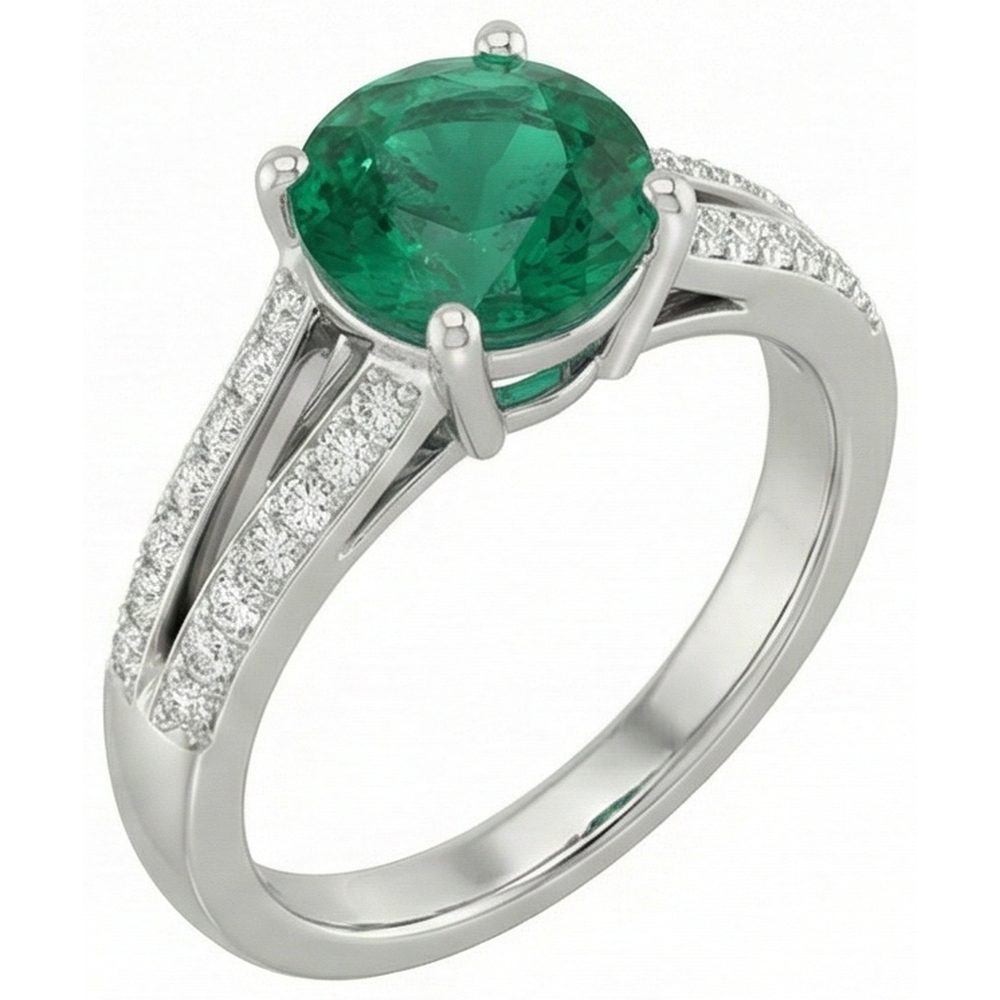3 Carats Gemstone Round Green Emerald & Natural Earth Mined Diamond ( Not Lab Grown )s Ring White Gold