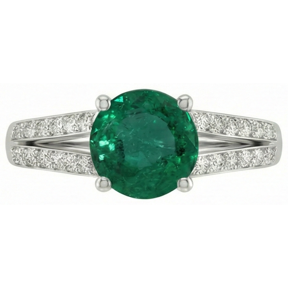 3 Carats Gemstone Round Green Emerald & Natural Earth Mined Diamond ( Not Lab Grown )s Ring White Gold