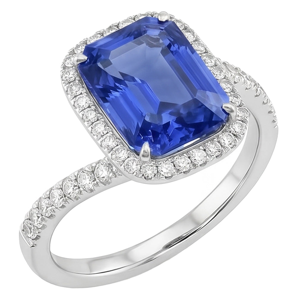 3 Carats Halo Blue Sapphire Engagement Ring Tension Style Pave Natural Earth Mined Diamond ( Not Lab Grown )