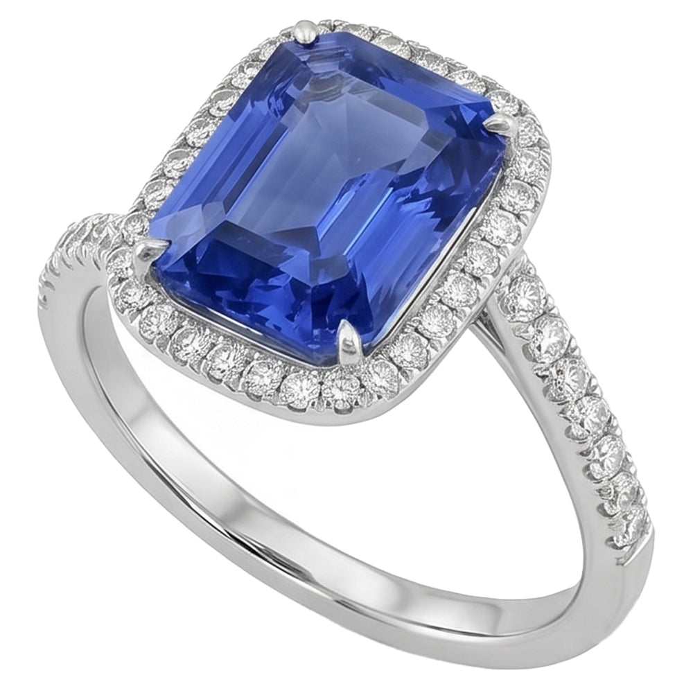 3 Carats Halo Blue Sapphire Engagement Ring Tension Style Pave Natural Earth Mined Diamond ( Not Lab Grown )