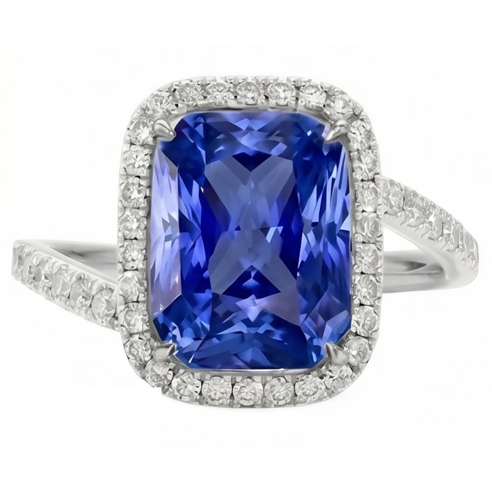 3 Carats Halo Blue Sapphire Engagement Ring Tension Style Pave Natural Earth Mined Diamond ( Not Lab Grown )