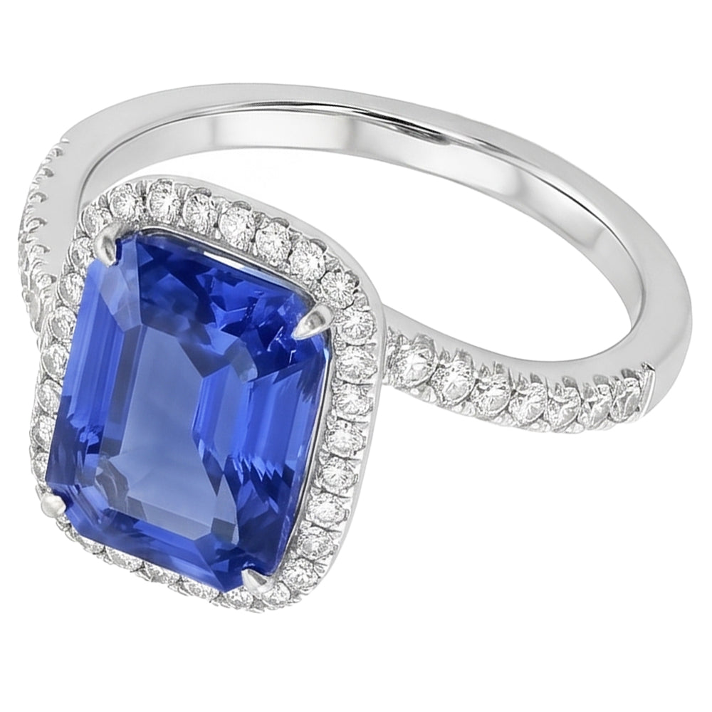 3 Carats Halo Blue Sapphire Engagement Ring Tension Style Pave Natural Earth Mined Diamond ( Not Lab Grown )