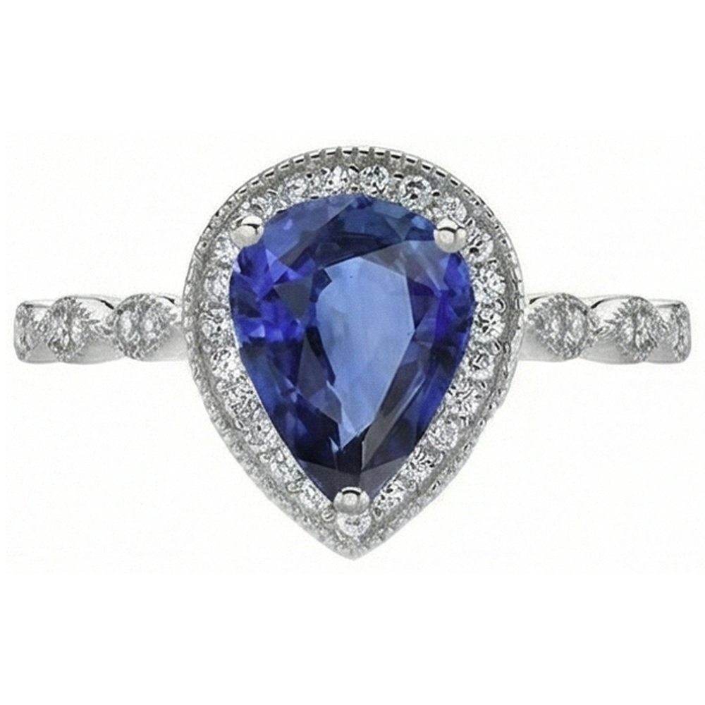 Pear Cut Blue Sapphire ring in 14 Karat White Gold – front view
