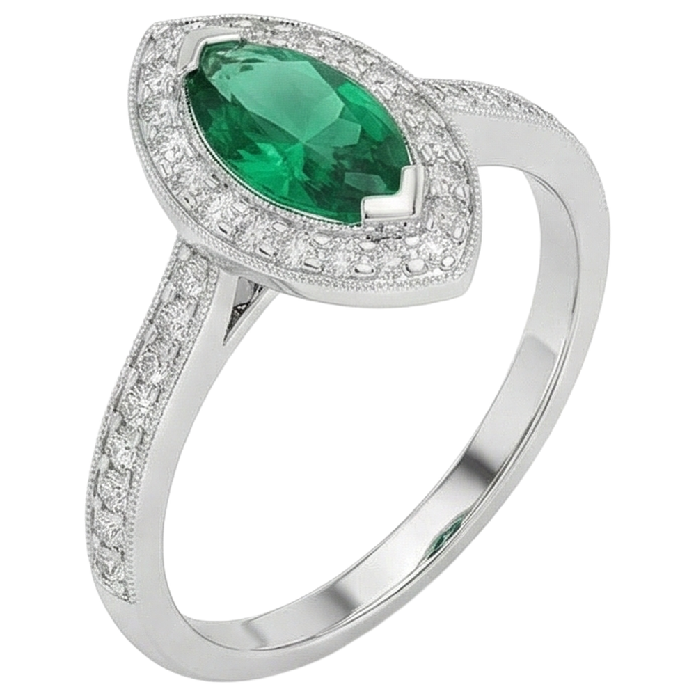 3 Carats Marquise Green Emerald And Natural Earth Mined Diamond ( Not Lab Grown ) Engagement Ring White Gold 14K