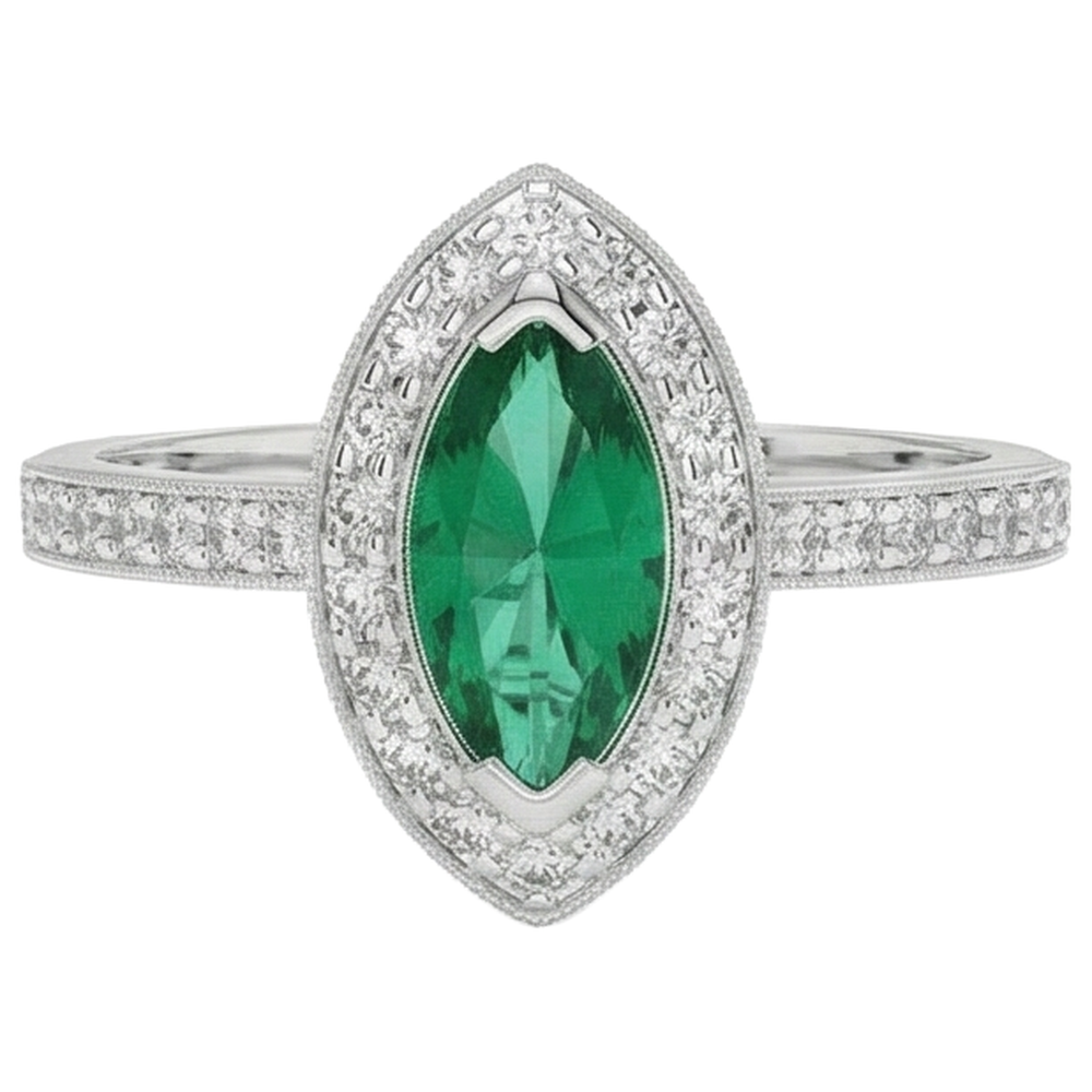 3 Carats Marquise Green Emerald And Natural Earth Mined Diamond ( Not Lab Grown ) Engagement Ring White Gold 14K