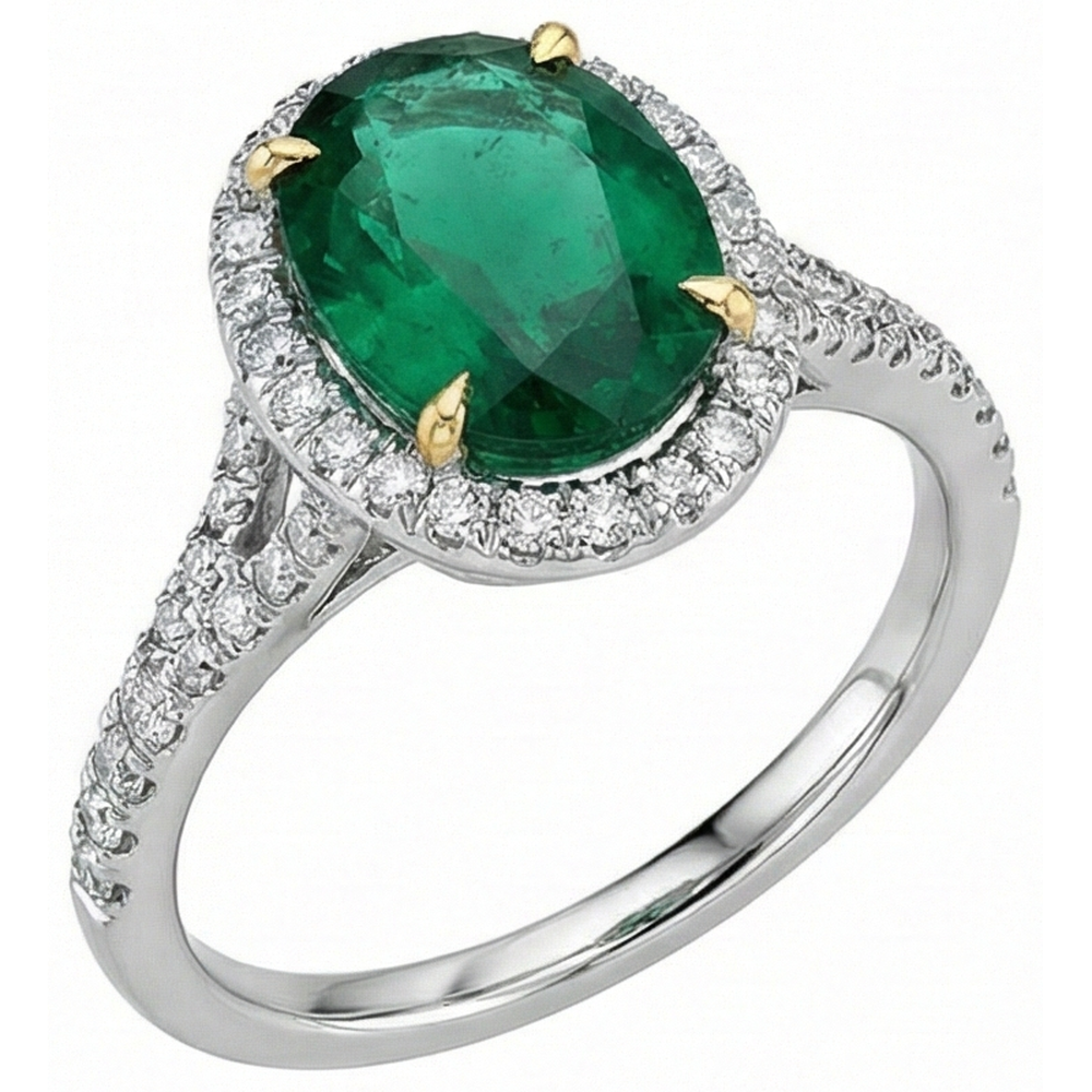 3 Carats Oval Cut Green Emerald With Natural Earth Mined Diamond ( Not Lab Grown )  Ring White Gold 14K