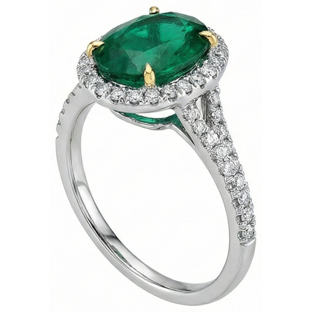3 Carats Oval Cut Green Emerald With Natural Earth Mined Diamond ( Not Lab Grown )  Ring White Gold 14K
