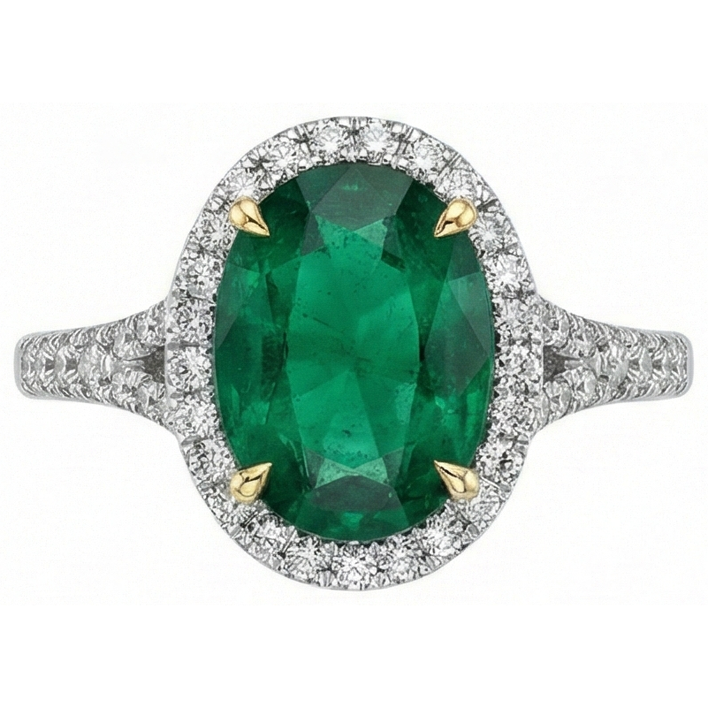 3 Carats Oval Cut Green Emerald With Natural Earth Mined Diamond ( Not Lab Grown )  Ring White Gold 14K