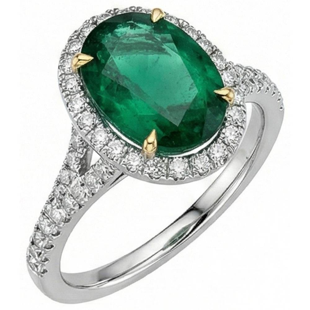 3 Carats Oval Cut Green Emerald With Natural Earth Mined Diamond ( Not Lab Grown )  Ring White Gold 14K