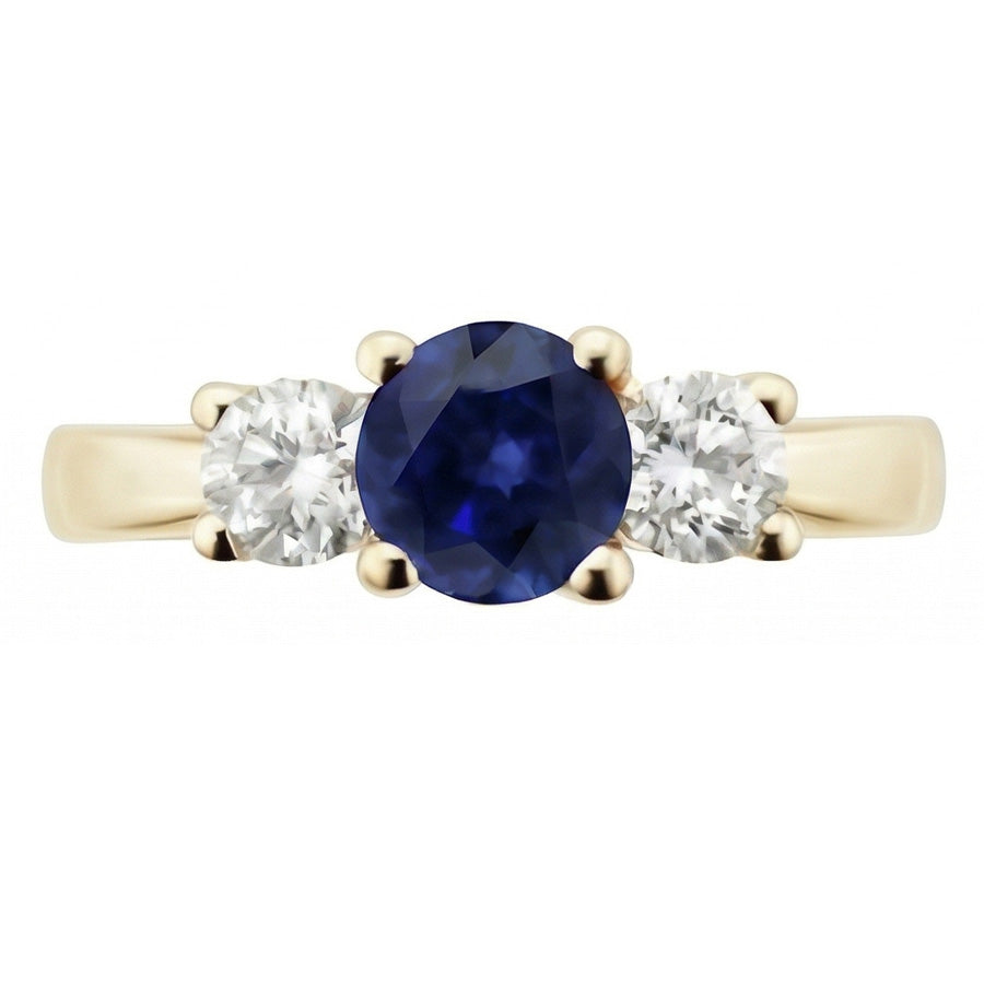 3 Carats Round Natural Earth Mined Diamond ( Not Lab Grown ) Sapphire Ring 3 Stone Tapered Shank Yellow Gold