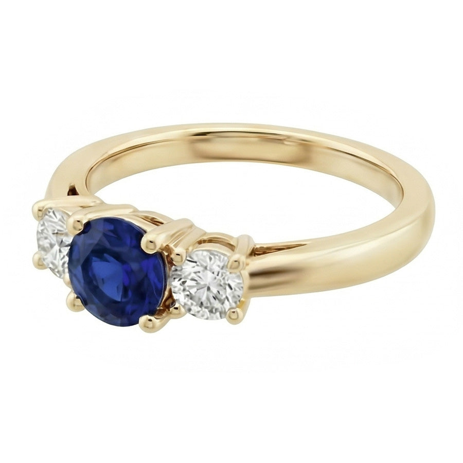 3 Carats Round Natural Earth Mined Diamond ( Not Lab Grown ) Sapphire Ring 3 Stone Tapered Shank Yellow Gold
