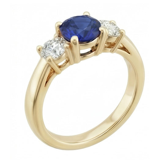 3 Carats Round Natural Earth Mined Diamond ( Not Lab Grown ) Sapphire Ring 3 Stone Tapered Shank Yellow Gold
