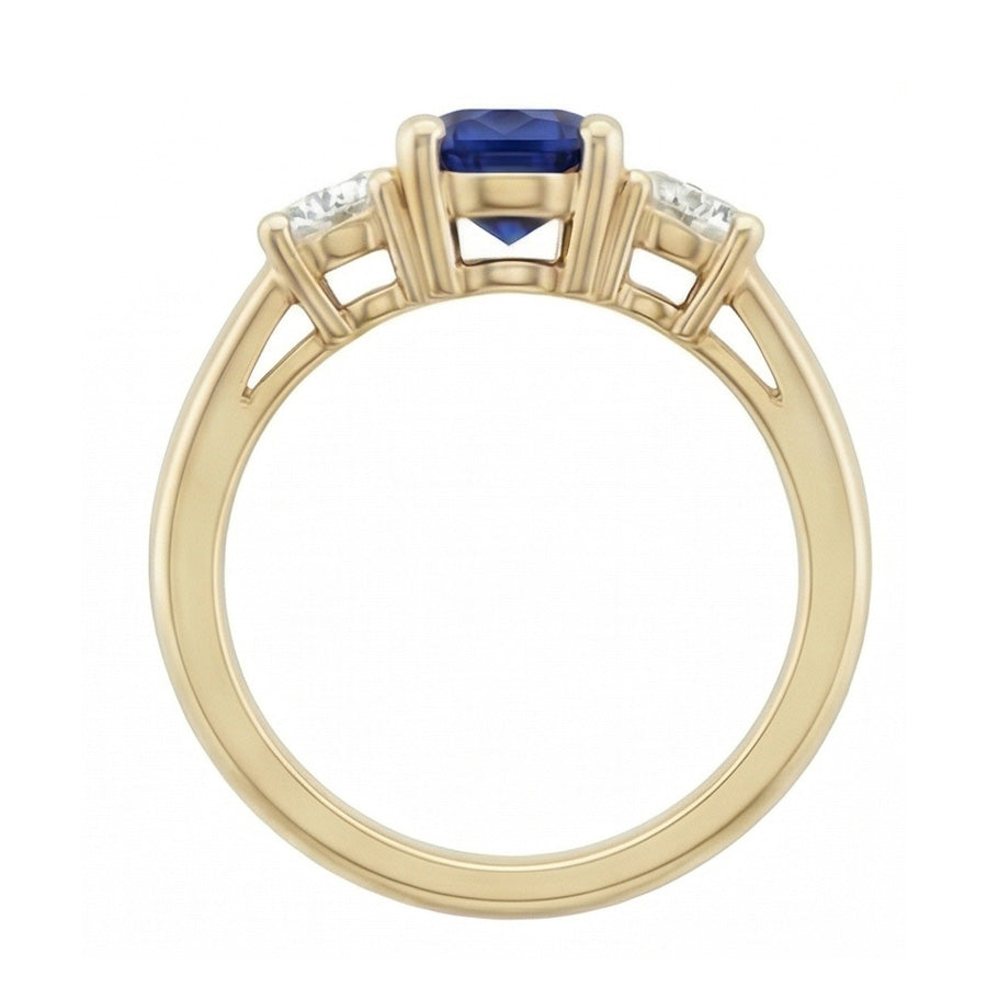 3 Carats Round Natural Earth Mined Diamond ( Not Lab Grown ) Sapphire Ring 3 Stone Tapered Shank Yellow Gold