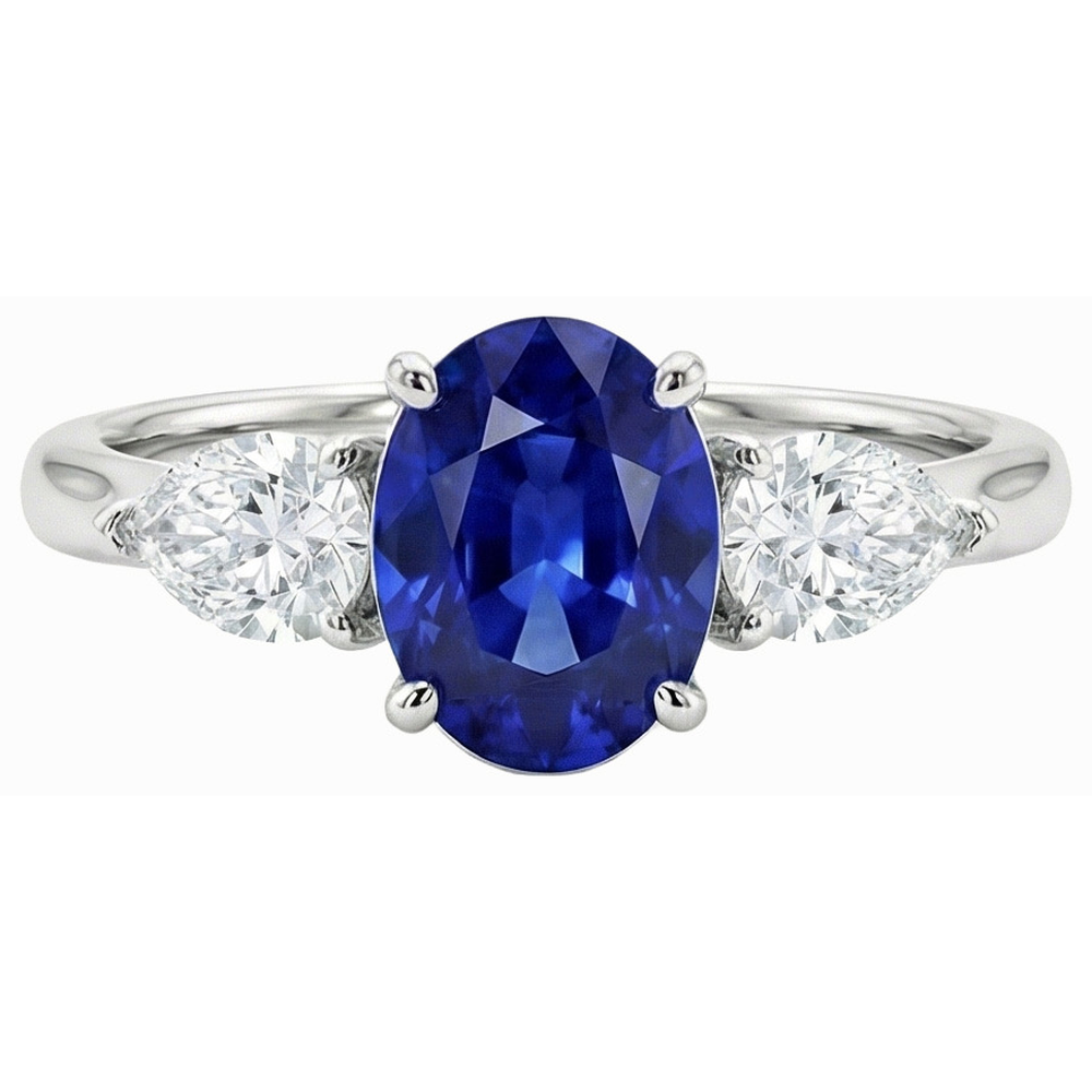 3 Carats Three Stone Oval Deep Blue Sapphire & Pear Natural Earth Mined Diamond ( Not Lab Grown )s