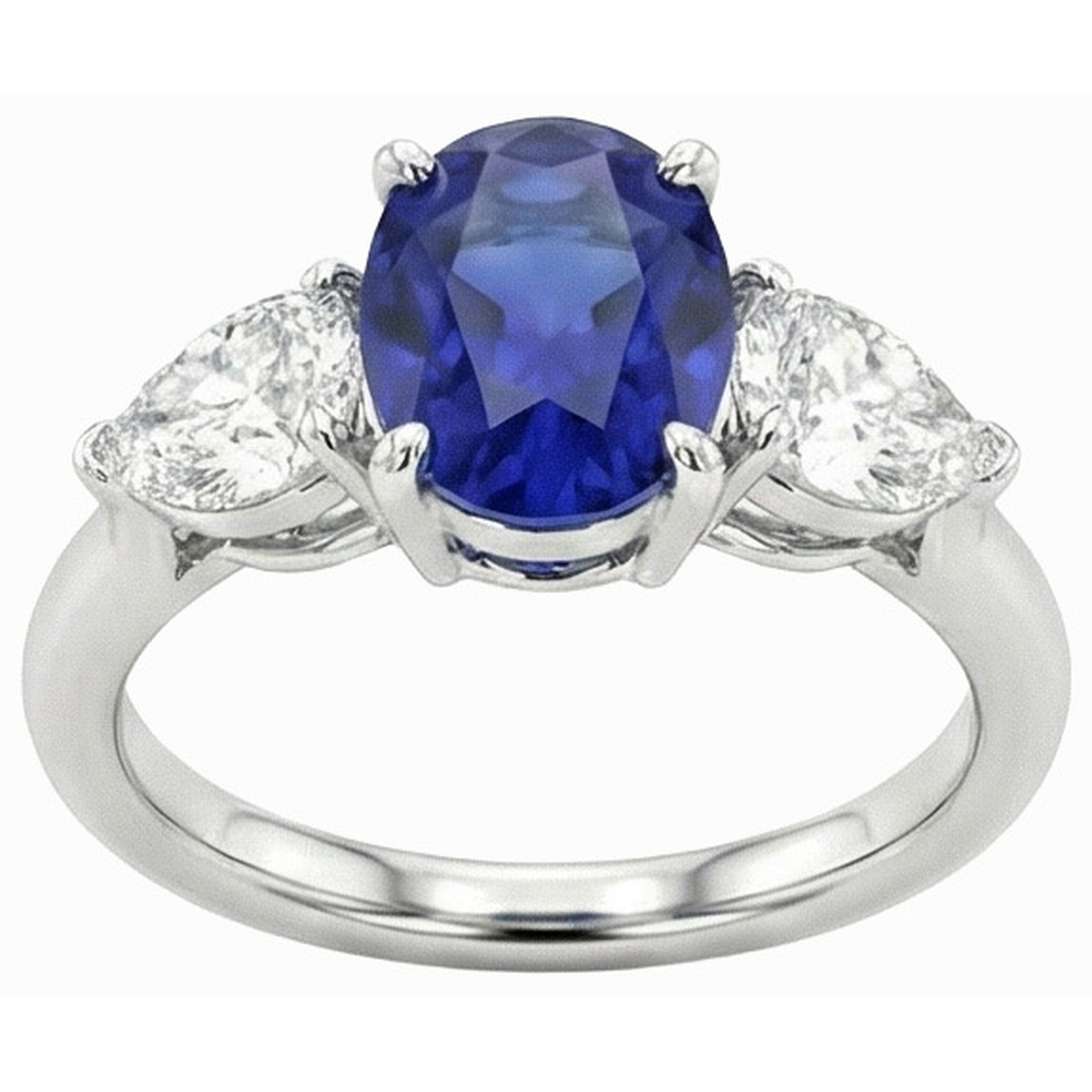 3 Carats Three Stone Oval Deep Blue Sapphire & Pear Natural Earth Mined Diamond ( Not Lab Grown )s