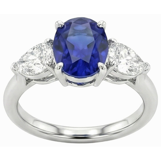 3 Carats Three Stone Oval Deep Blue Sapphire & Pear Natural Earth Mined Diamond ( Not Lab Grown )s