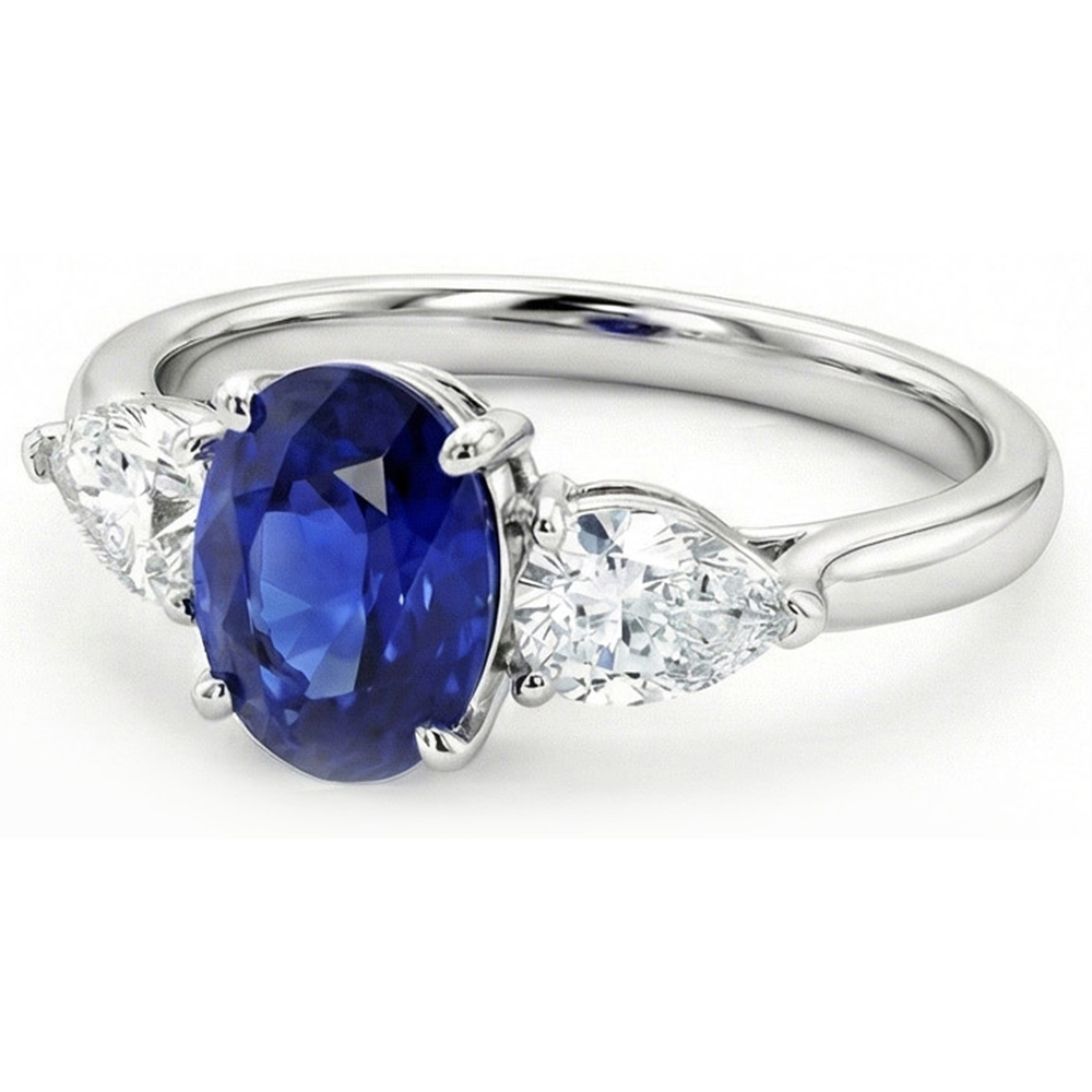 3 Carats Three Stone Oval Deep Blue Sapphire & Pear Natural Earth Mined Diamond ( Not Lab Grown )s