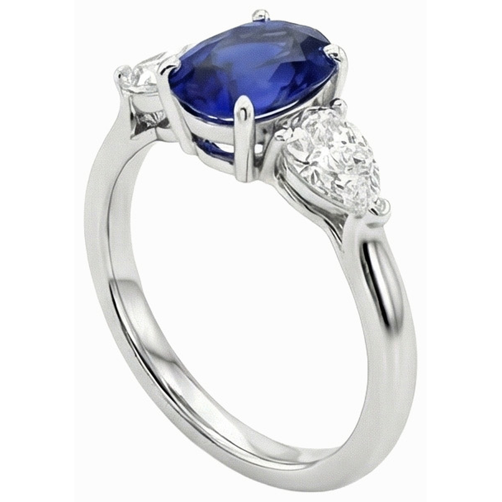 3 Carats Three Stone Oval Deep Blue Sapphire & Pear Natural Earth Mined Diamond ( Not Lab Grown )s