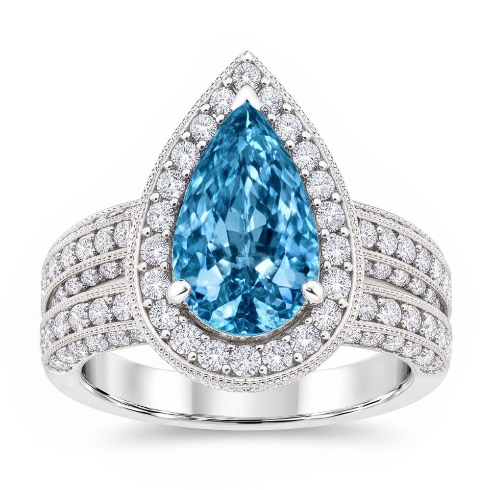 3 Ct. Blue Pear & White Round Natural Earth Mined Diamond ( Not Lab Grown ) s Ring White Gold 14K Gemstone