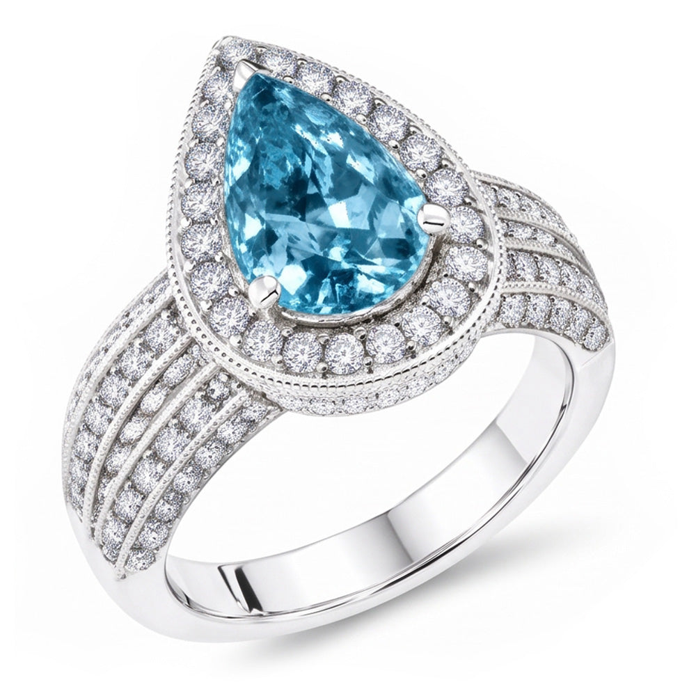 3 Ct. Blue Pear & White Round Natural Earth Mined Diamond ( Not Lab Grown ) s Ring White Gold 14K Gemstone