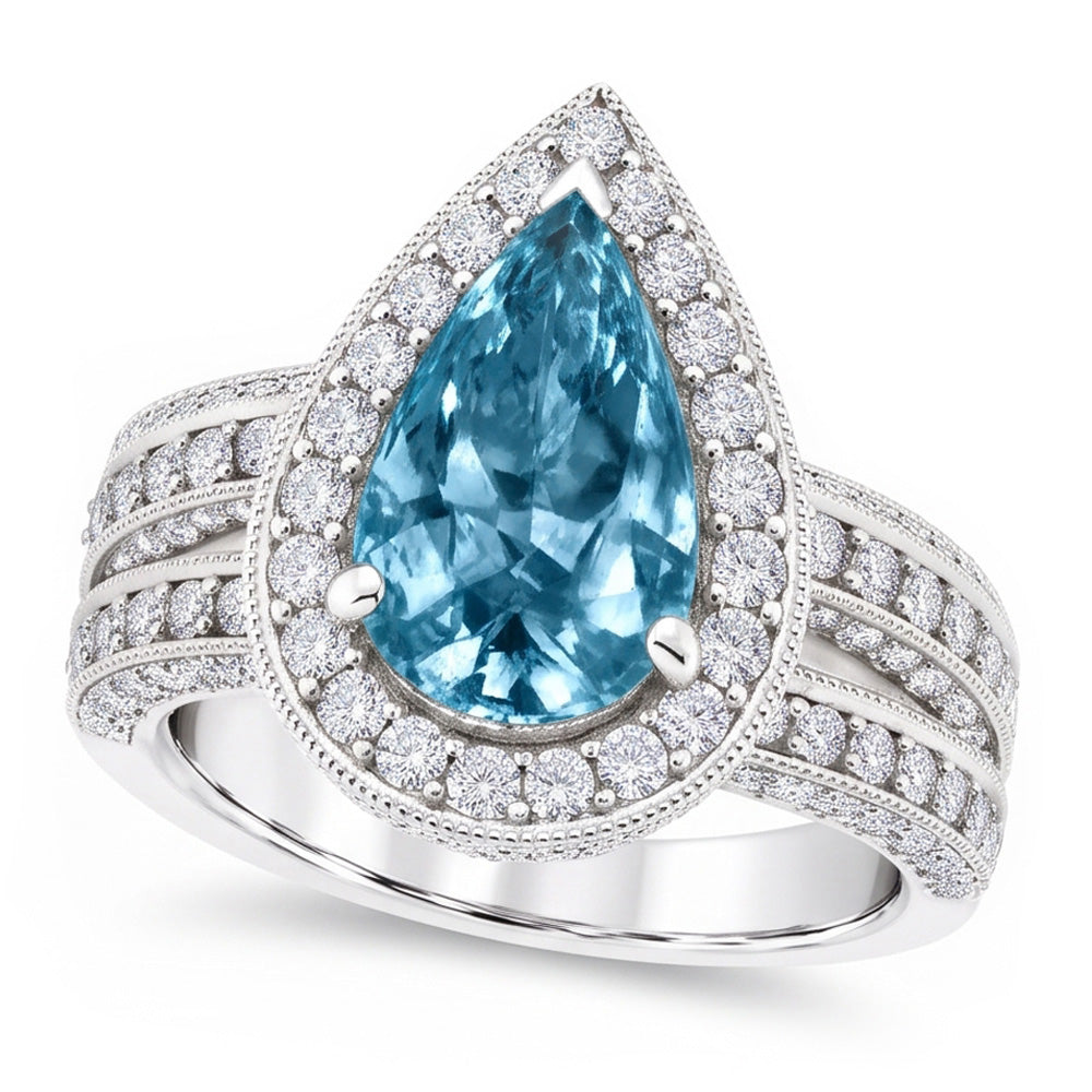 3 Ct. Blue Pear & White Round Natural Earth Mined Diamond ( Not Lab Grown ) s Ring White Gold 14K Gemstone
