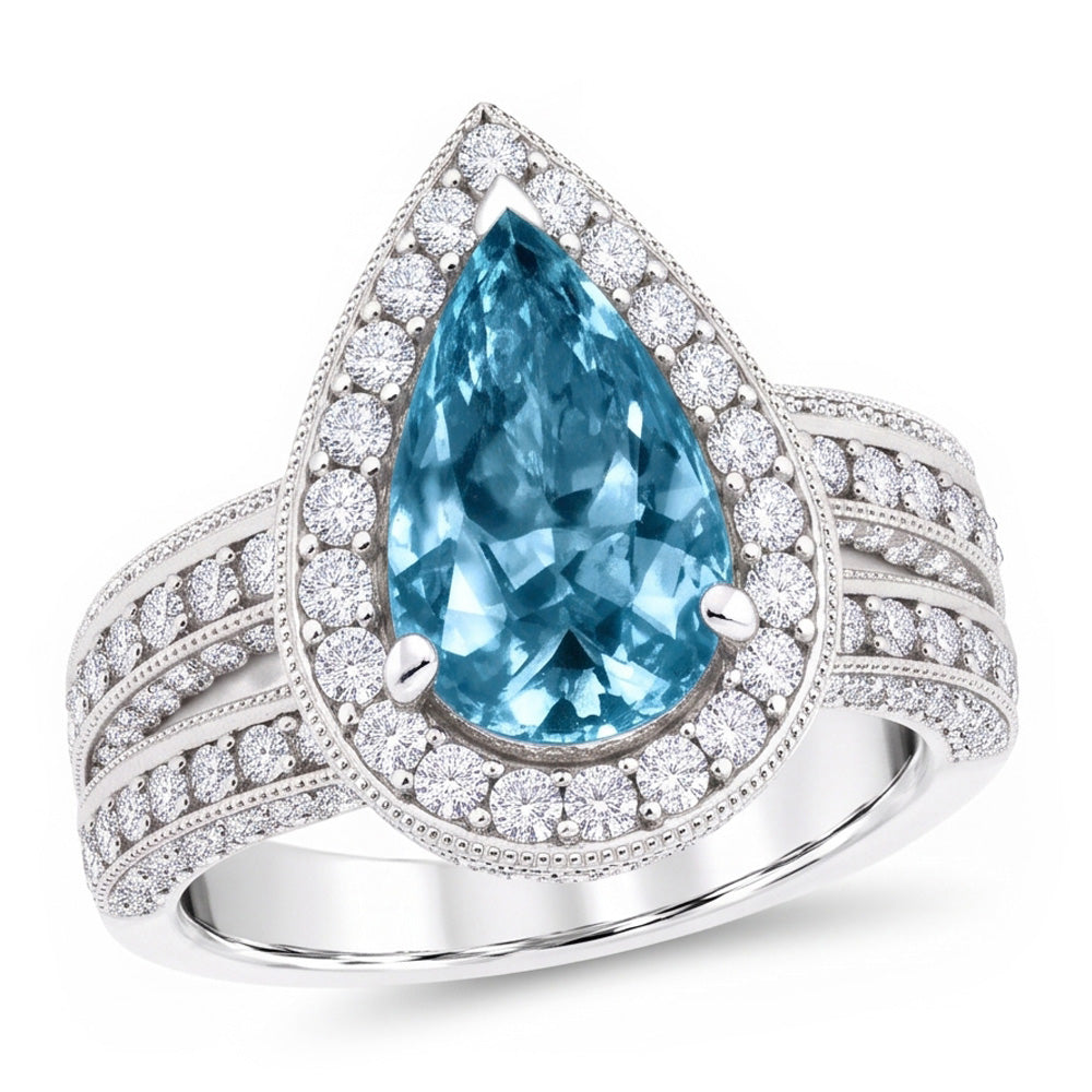 3 Ct. Blue Pear & White Round Natural Earth Mined Diamond ( Not Lab Grown ) s Ring White Gold 14K Gemstone