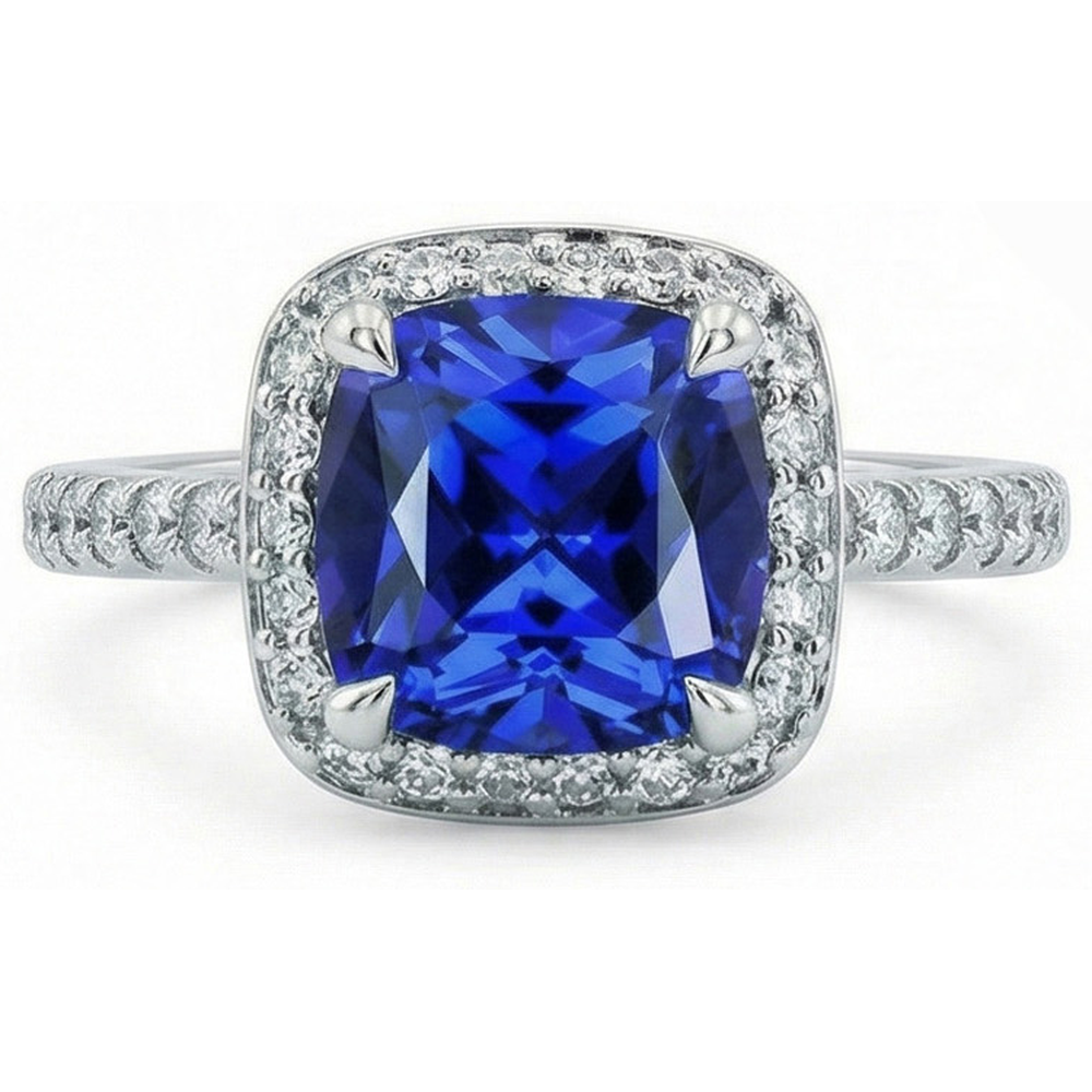 3 Ct Ceylon Sapphire Halo Natural Earth Mined Diamond ( Not Lab Grown ) Wedding Ring Solid White Gold 14K
