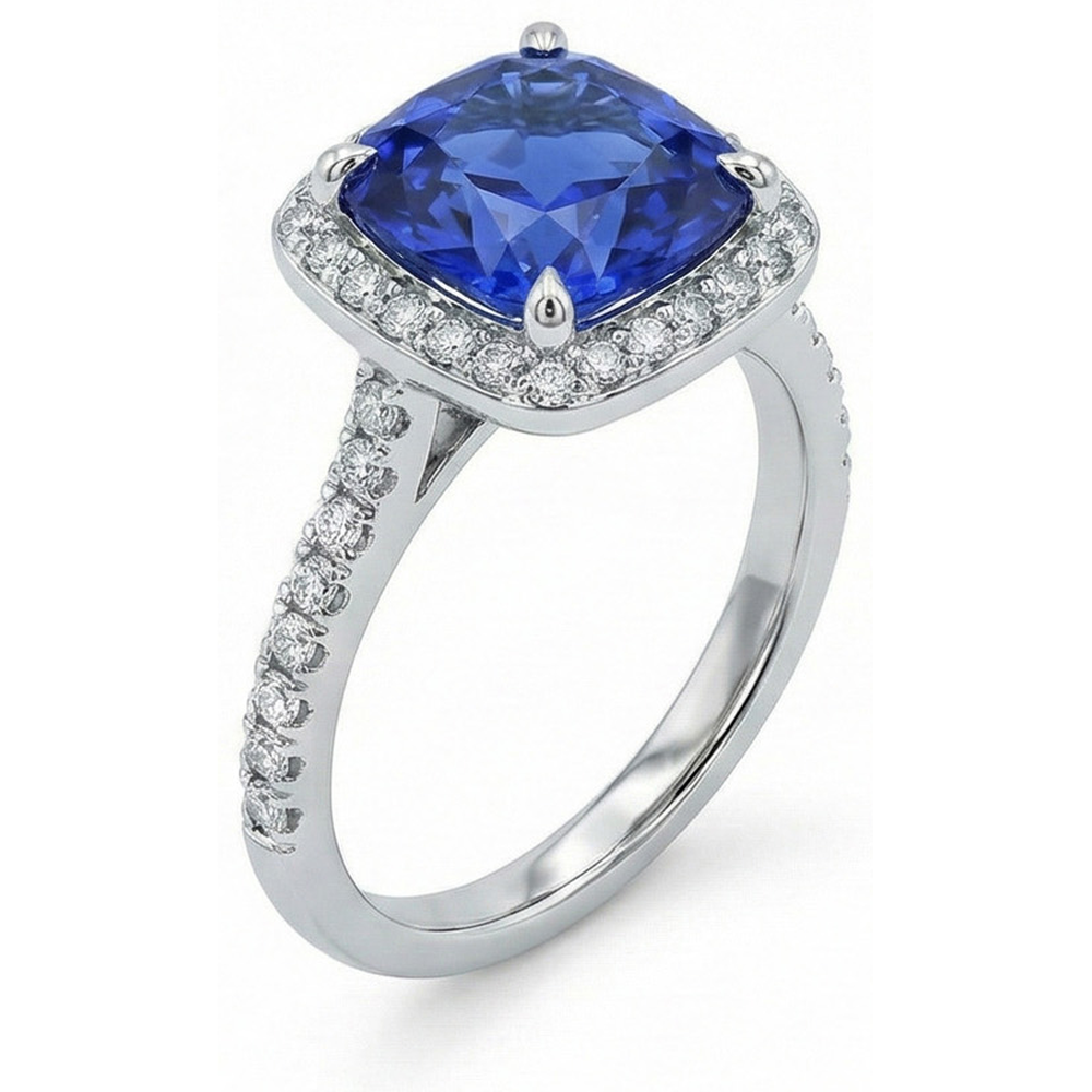 3 Ct Ceylon Sapphire Halo Natural Earth Mined Diamond ( Not Lab Grown ) Wedding Ring Solid White Gold 14K