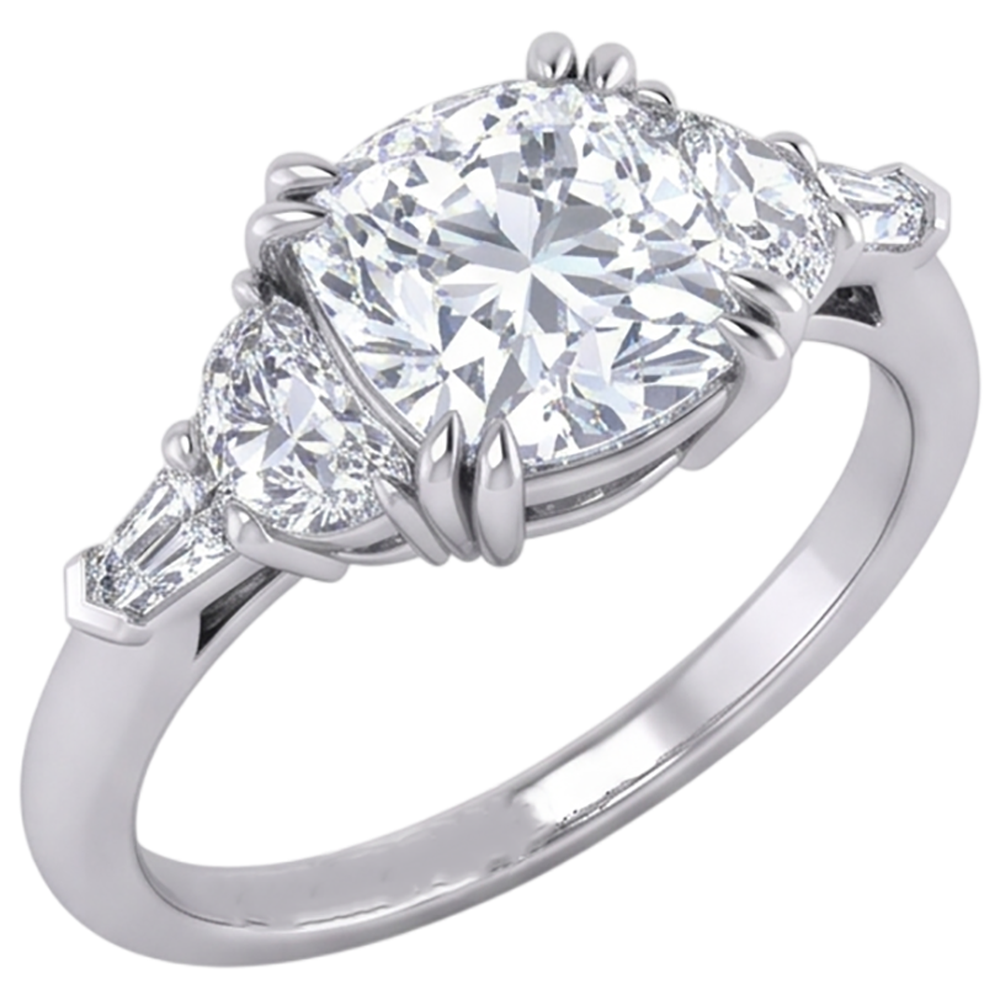 3 Ct Cushion Cut Half Moons Baguette Natural Earth Mined Diamond ( Not Lab Grown ) Ring Excellent Cut 14K