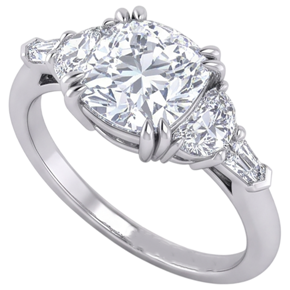 3 Ct Cushion Cut Half Moons Baguette Natural Earth Mined Diamond ( Not Lab Grown ) Ring Excellent Cut 14K