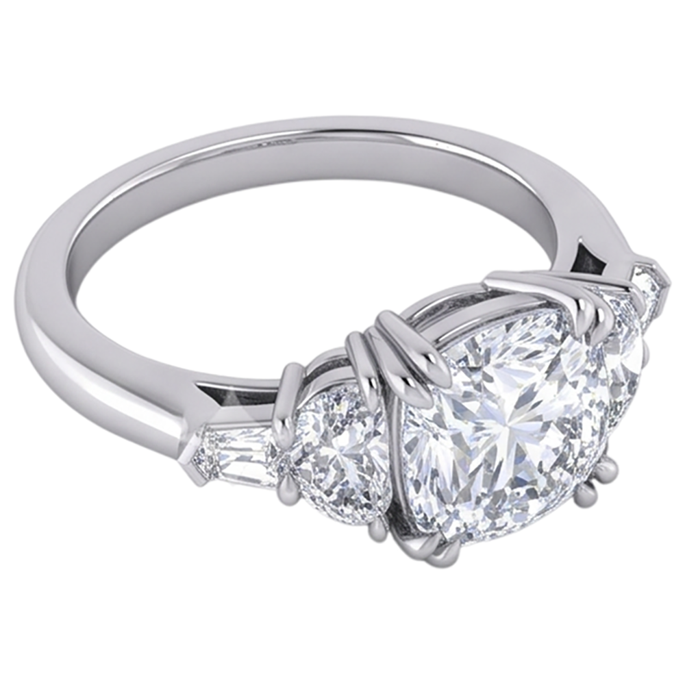 3 Ct Cushion Cut Half Moons Baguette Natural Earth Mined Diamond ( Not Lab Grown ) Ring Excellent Cut 14K