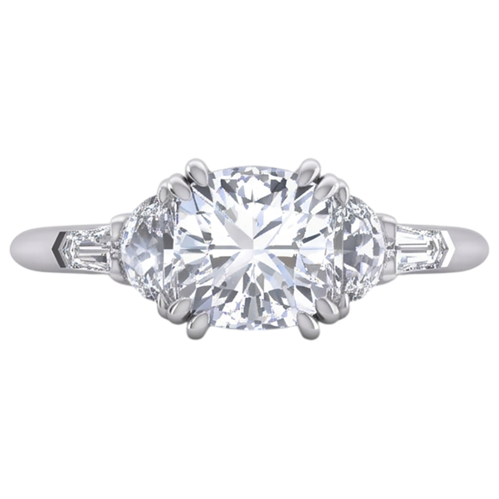 3 Ct Cushion Cut Half Moons Baguette Natural Earth Mined Diamond ( Not Lab Grown ) Ring Excellent Cut 14K