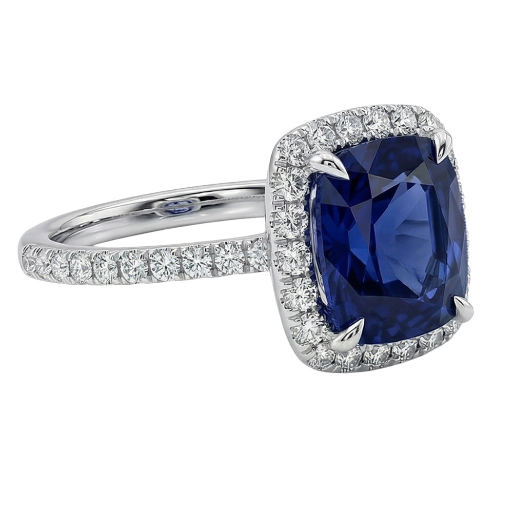 3 Ct Cushion Sri Lanka Blue Sapphire And Halo Natural Earth Mined Diamond ( Not Lab Grown )  Ring