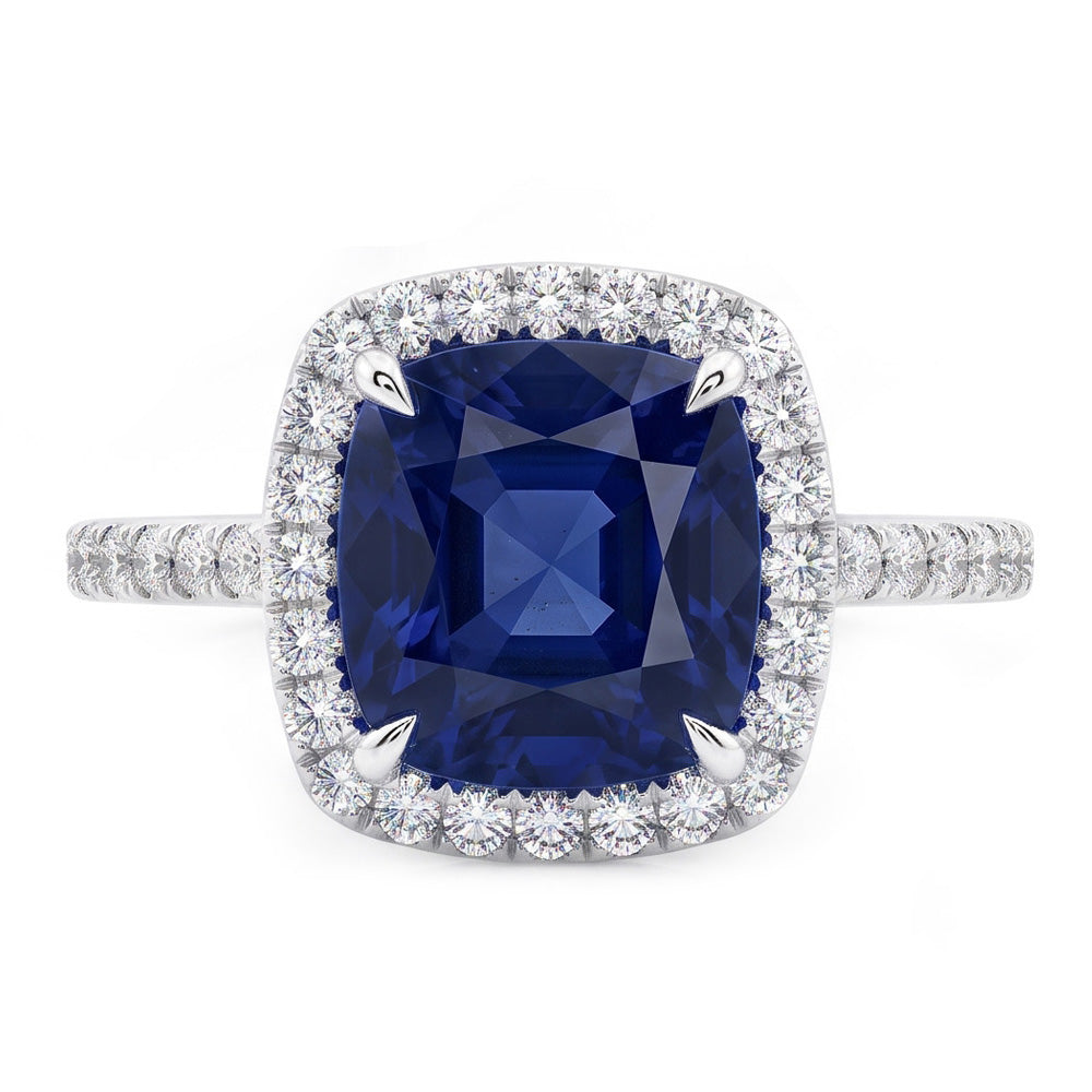 3 Ct Cushion Sri Lanka Blue Sapphire And Halo Natural Earth Mined Diamond ( Not Lab Grown )  Ring