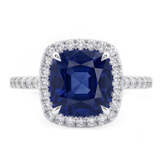 3 Ct Cushion Sri Lanka Blue Sapphire And Halo Natural Earth Mined Diamond ( Not Lab Grown )  Ring