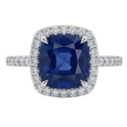3 Ct Cushion Sri Lanka Blue Sapphire And Halo Natural Earth Mined Diamond ( Not Lab Grown )  Ring