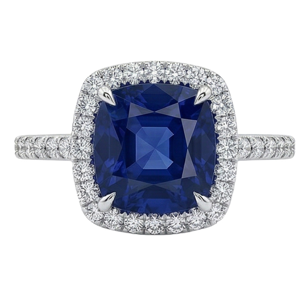 3 Ct Cushion Sri Lanka Blue Sapphire And Halo Natural Earth Mined Diamond ( Not Lab Grown )  Ring