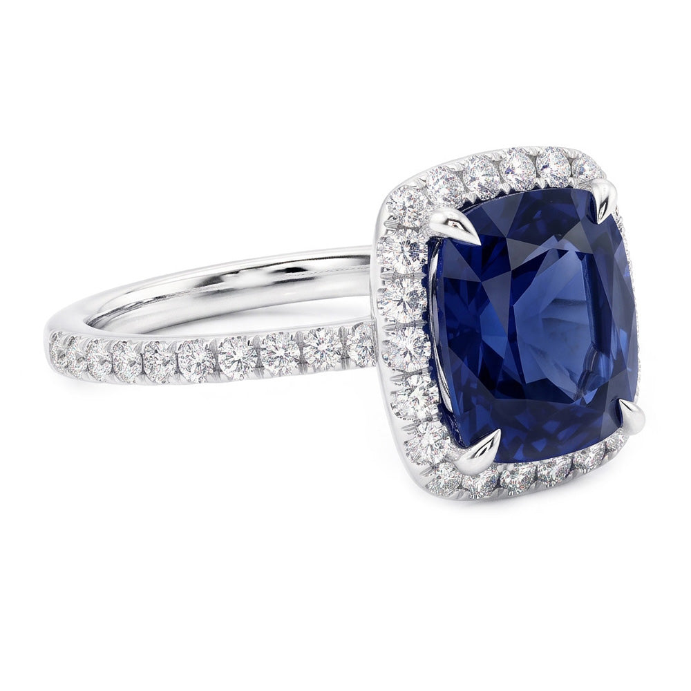 3 Ct Cushion Sri Lanka Blue Sapphire And Halo Natural Earth Mined Diamond ( Not Lab Grown )  Ring