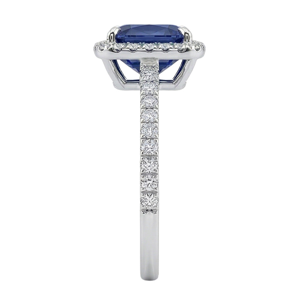 3 Ct Cushion Sri Lanka Blue Sapphire And Halo Natural Earth Mined Diamond ( Not Lab Grown )  Ring