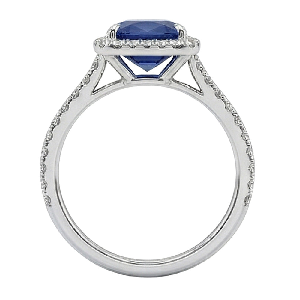 3 Ct Cushion Sri Lanka Blue Sapphire And Halo Natural Earth Mined Diamond ( Not Lab Grown )  Ring